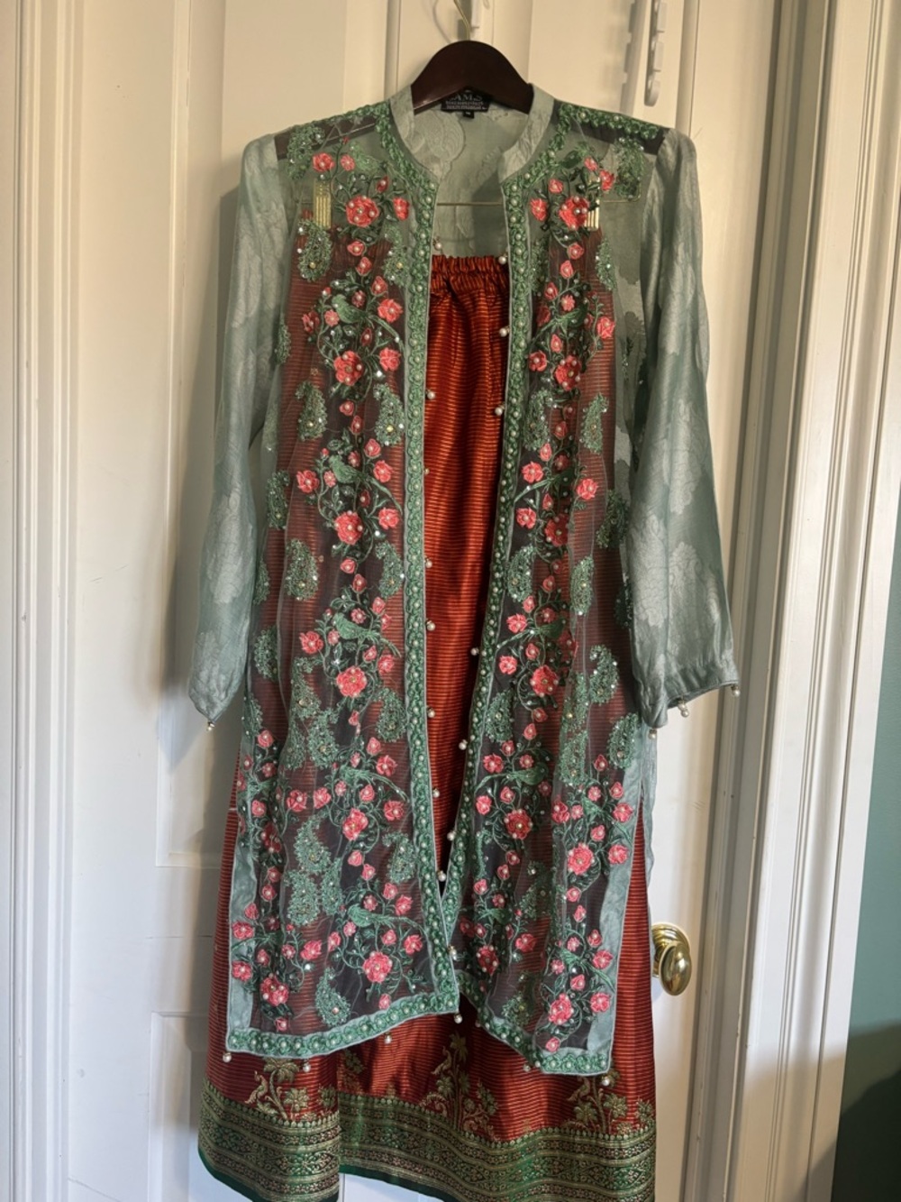 Embroidered Floral Long Jacket with authentic Kanchipuram silk skirt, blouse M